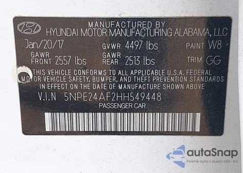 2017 Hyundai Sonata Se z USA, uszkodzony, nr VIN 5NPE24AF2HH549448